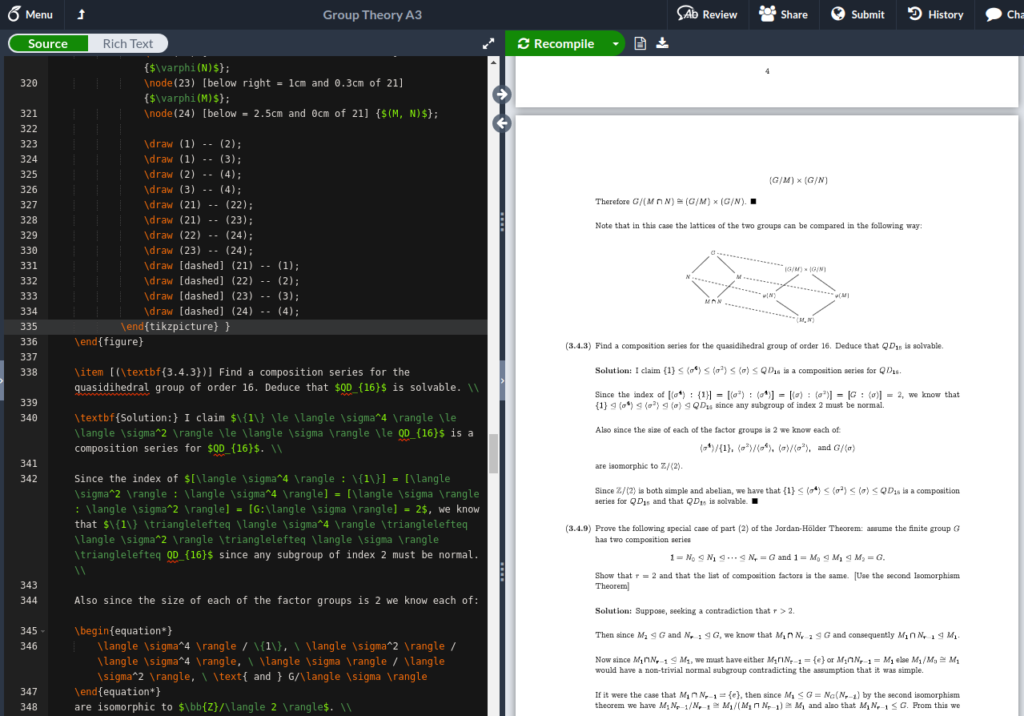 An image of a LaTex editor called Overleaf, with source code on the left, and a .pdf preview on the right.