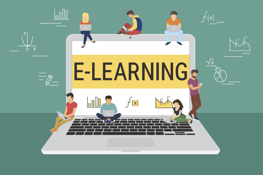 E-learning concept illustration of young people using laptop and smartphone for distance learning and education. Flat design of men and women standing and sitting on a big open laptop.