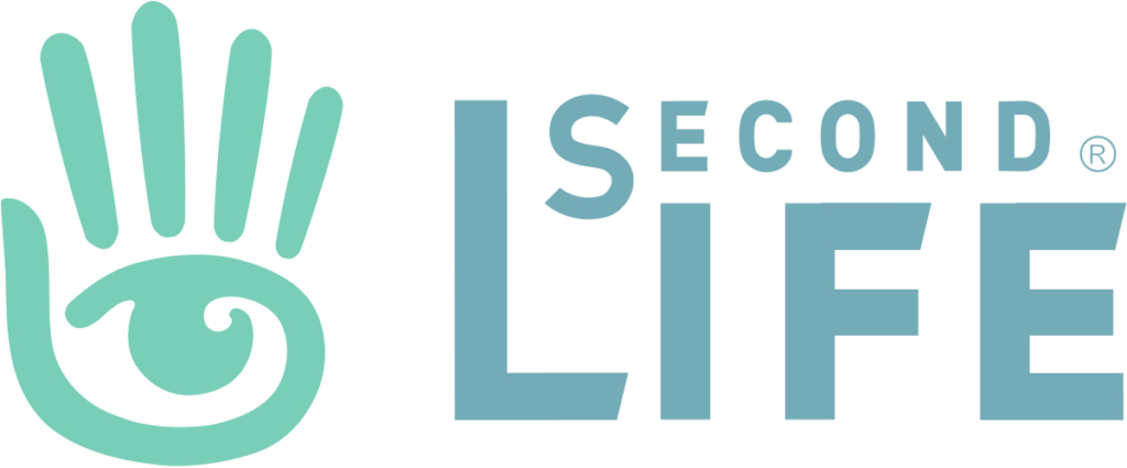 Logo for second life. The logo is in blue font and has a hand outline drawn with an eye in the middle, right next to the name. 