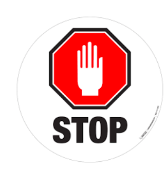 Stop sign in the middle of blue rimmed circle. octagon with thick black outer rim, white thin inner rim, inside of stop sign red with white hand showing stop signal. word STOP in all caps below the sign. 