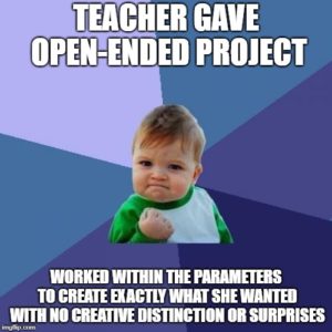 A "Success Kid" Meme discussing the dangers of guided open ended projects