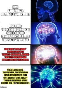 An "Expanding Brain" Meme highlighting the dangers of simply removing drag and drop programs from a project while still expecting the same level of work.