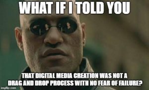 A "Matrix Morpheus" Meme describing that the use of template softwares is not true digital media creation